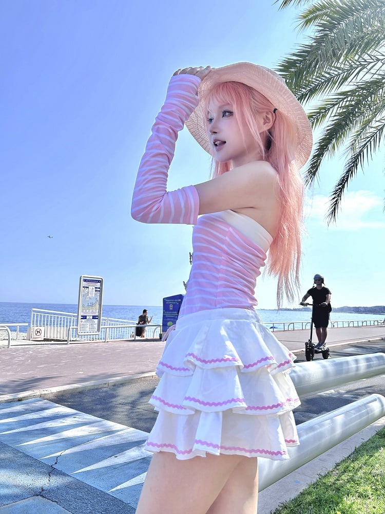 Pink Striped Pattern Navycore Self-tie Halter Dress Tiered Skirt with Free Armwear