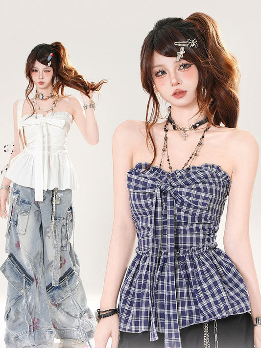 Big Bow Neckline White/Blue Plaid Strapless Top