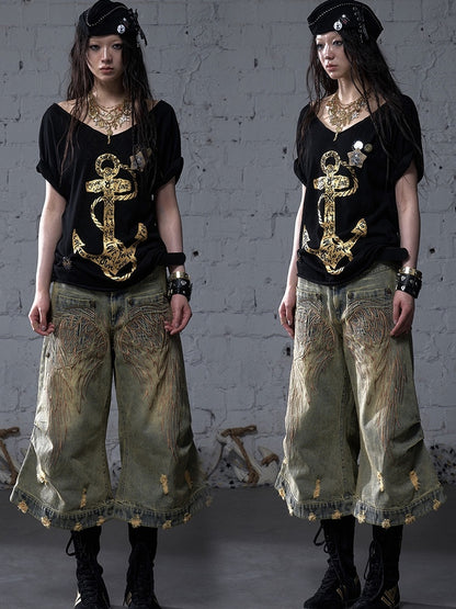 Blue/Yellow Faded Wash Distressed Holes Angel Wing Embroidery Vintage Punk Wide-leg Jeans