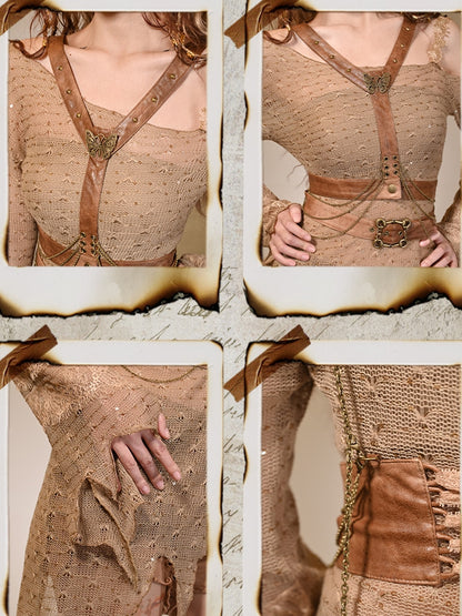 Wasteland Punk Light Brown Asymmetrical Neckline Knitted Sweater  With Butterfly And Chain Decorated Harness