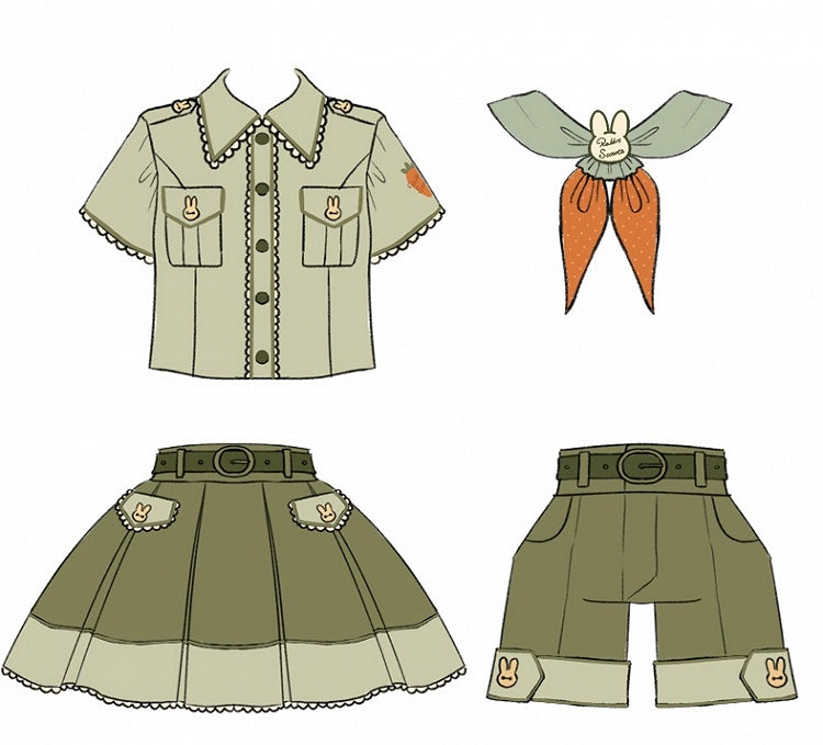 Bunny Ouji Full Set - Shirt with Carrot Tie + Shorts + Skirt with Waist Belt and 2 Plush Tails
