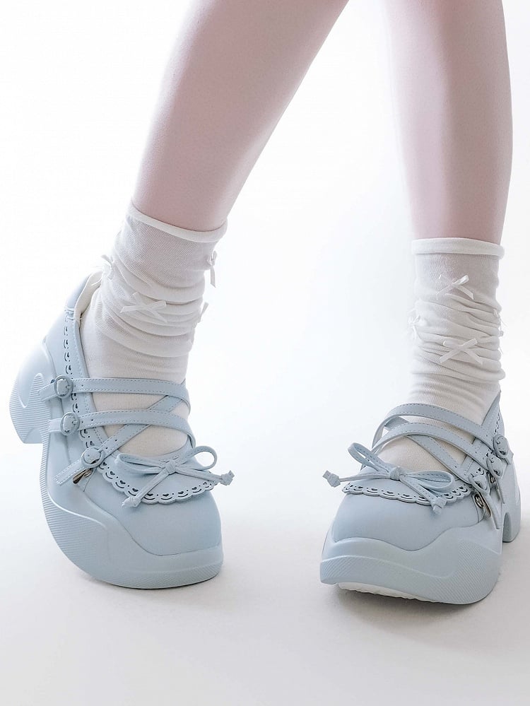 Blue Knotted Bow at Top Crisscross Design Platforms