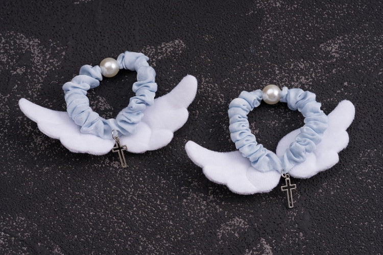 Handmade Cross Charm Angel Wings Blue and White Hair Ties