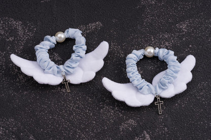 Handmade Cross Charm Angel Wings Blue and White Hair Ties