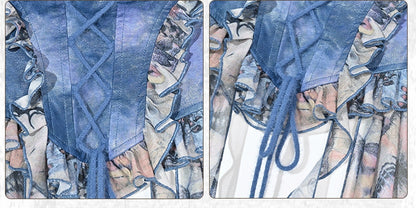 Grunge Punk Rock Fairycore Blue Butterflies Print Mesh Patchwork Design PU Top Flounce Hem