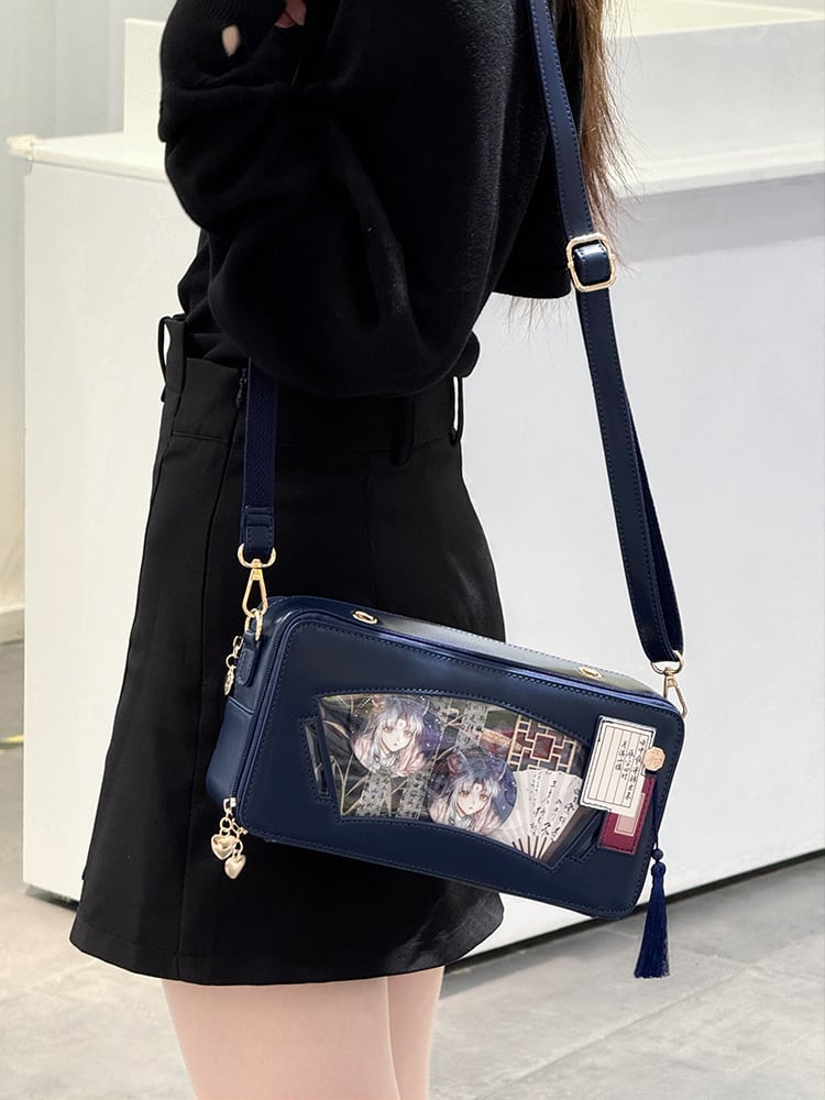 Dark Blue Embroidered Bamboo Leaf Cheongsam Style Ita Shoulder Bag with Fringe Charm