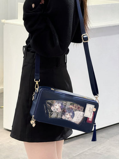 Dark Blue Embroidered Bamboo Leaf Cheongsam Style Ita Shoulder Bag with Fringe Charm