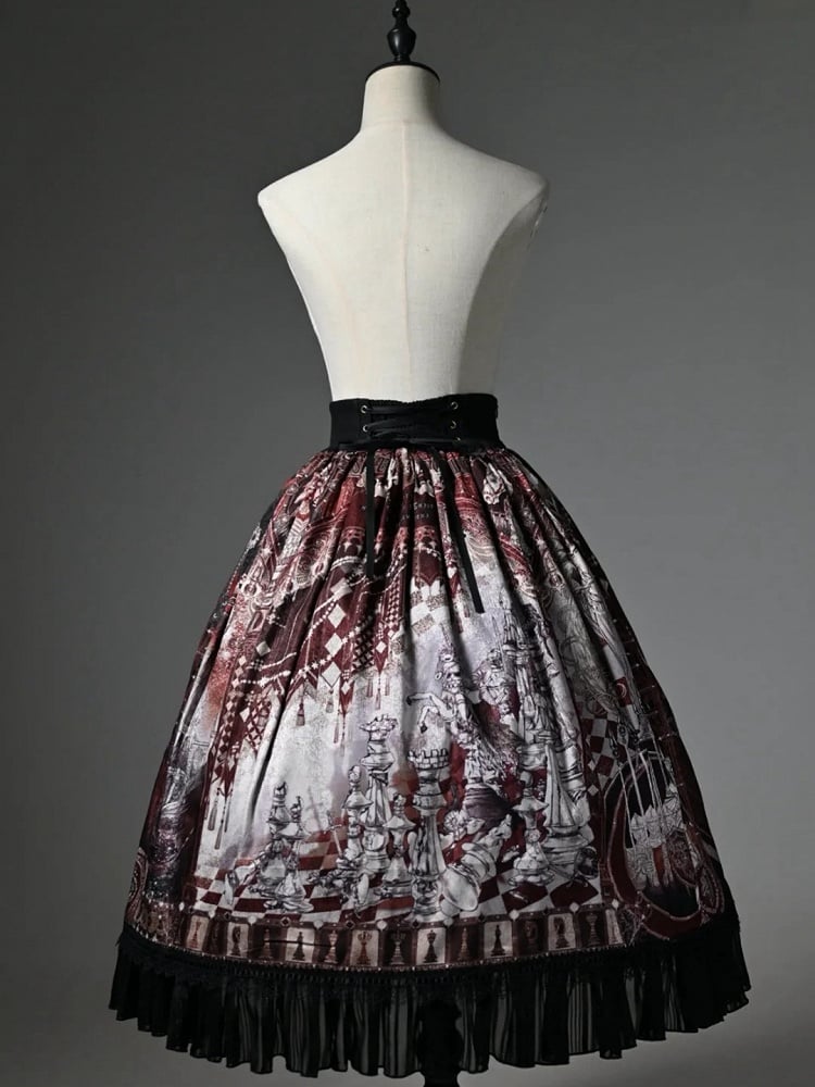 Red Corset Belt Waist Chess Theme Print Lolita Skirt