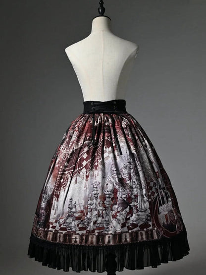 Red Corset Belt Waist Chess Theme Print Lolita Skirt