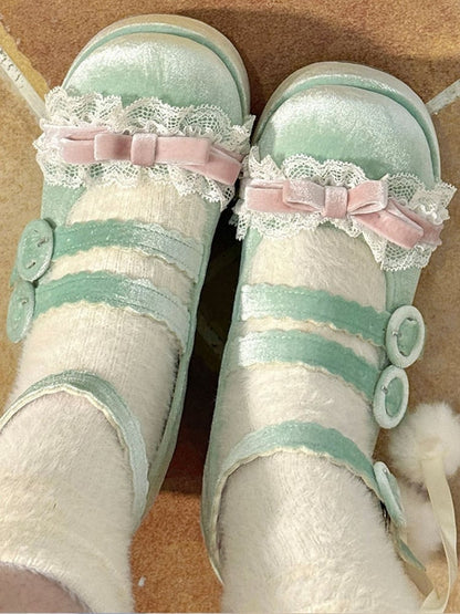Lace Trim Bowknot at Top Velvet Pink&Green Buckle Straps Platforms