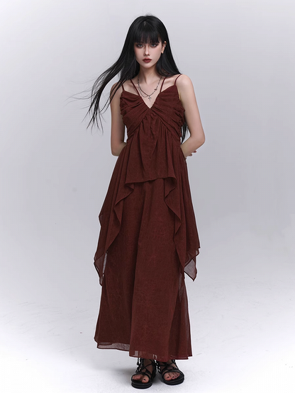 Dark Red V-neck Handkerchief Hem Cami Top