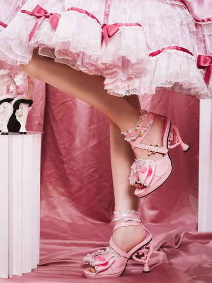 Pink Hime Gyaru Shoes Magical Girl Bow at Top Heart-shaped High Heels Sandals