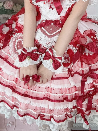 Red Beaded Decorated Striped Pattern Bowknot Ring