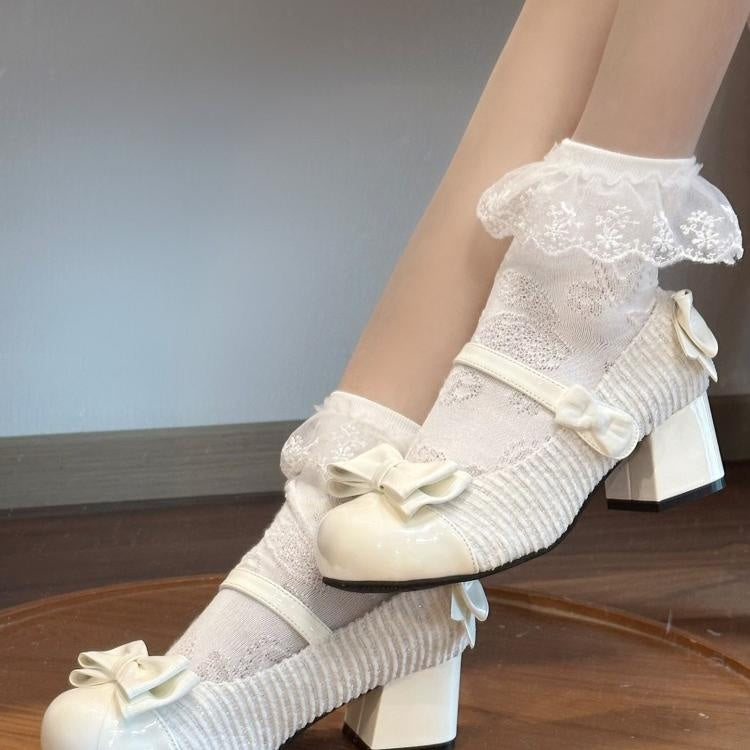 Apricot Bowknot Round Toe 3.5CM Block Heel Lolita Mary Janes