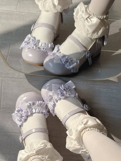 PU Purple Sweet Lolita Mary Janes - Sakura Accents with Floral Buckle & Ruffle Trim