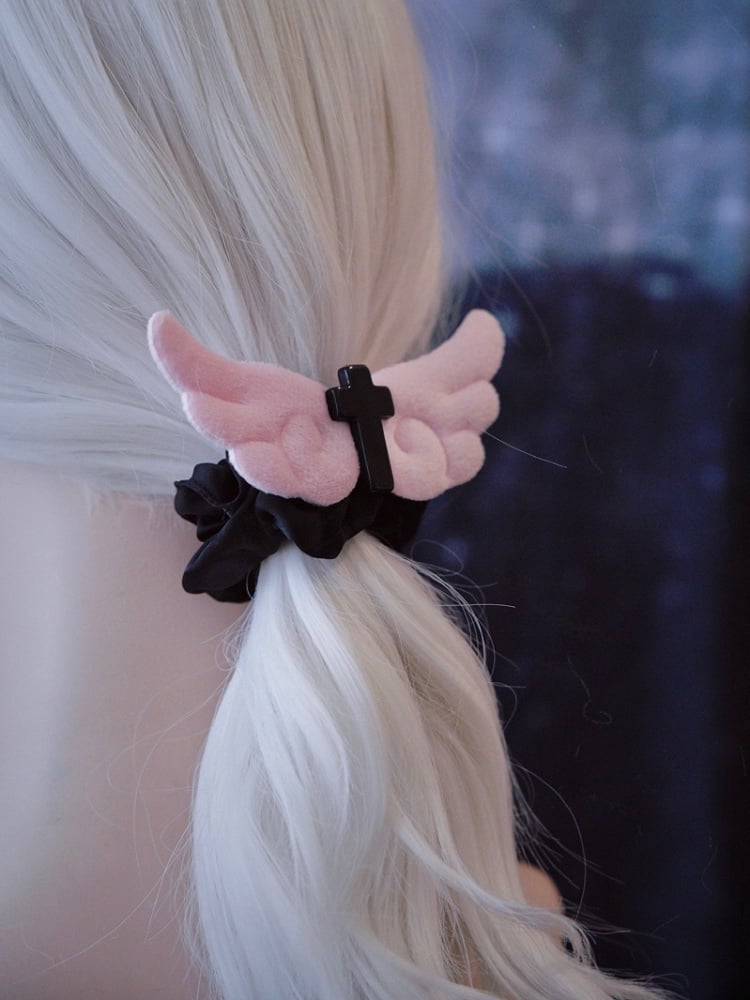 Pink Angel Wings Handmade Black Cross Scrunchie