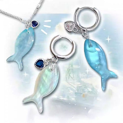 Blue/White Y2K Bittersweet Fish And Rhinestone Heart Pendant Necklace