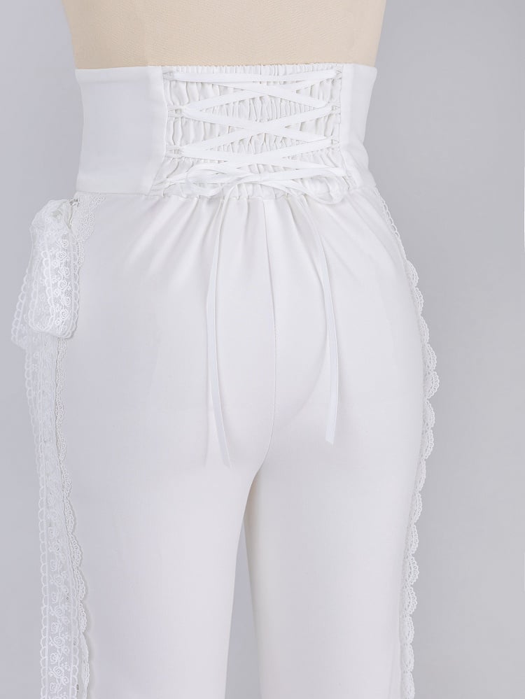 White Boned High Waist Side-Tie Lace Flare Pants