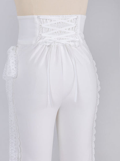 White Boned High Waist Side-Tie Lace Flare Pants