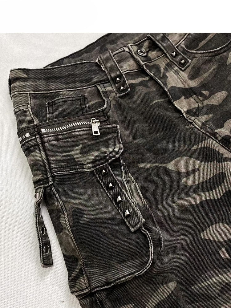 Army Green Camo Pattern Distressed Holes Details Flare Silhouette Jeans