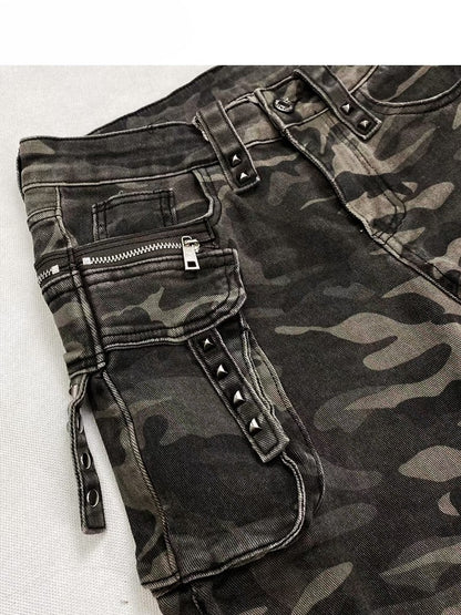 Army Green Camo Pattern Distressed Holes Details Flare Silhouette Jeans