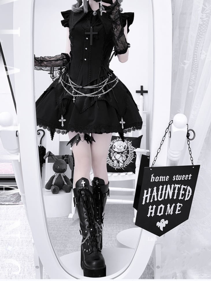 Pointed Flat Collar Flutter Sleeves Sleeveless Top with Cross Embellished Skirt Black Gothic Set