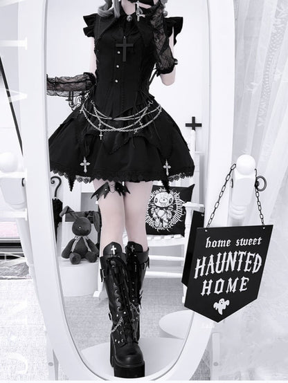 Pointed Flat Collar Flutter Sleeves Sleeveless Top with Cross Embellished Skirt Black Gothic Set