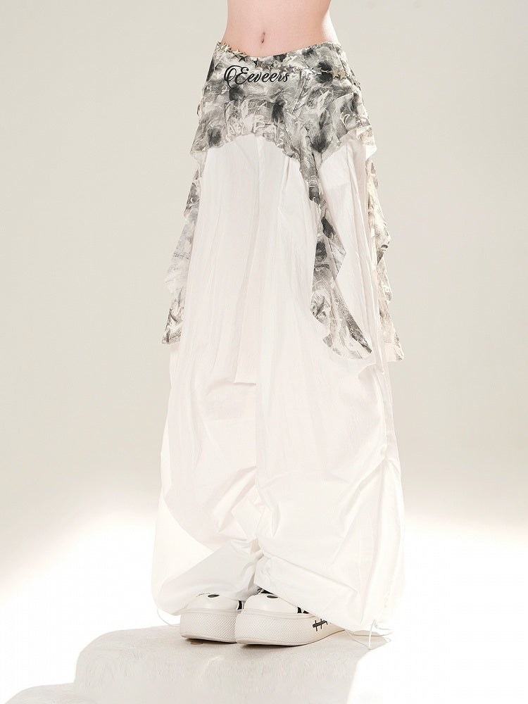 White Elastic Waist Wide-leg Casual Pants with Cascading Ruffles Waist Accessory