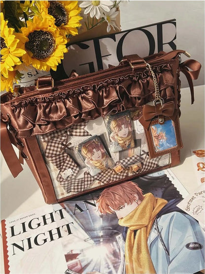 Brown Satin Ruffle Trims Self-tie Straps Ita Bag With Bow Card Holder