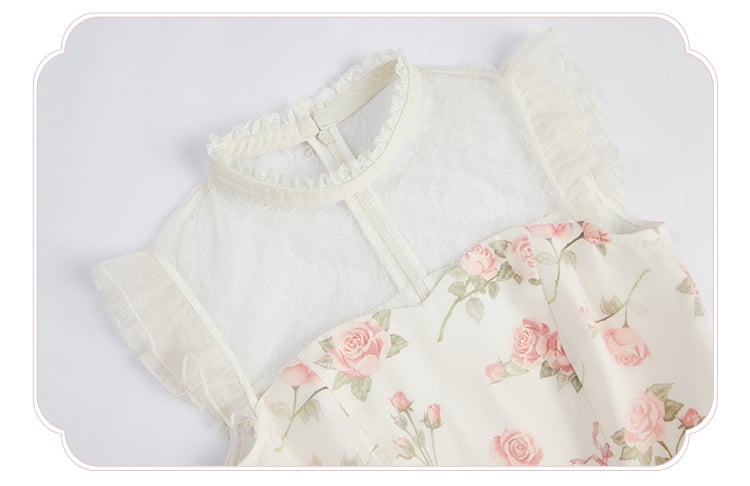 Pink Rosette Print White Illusion Neckline Summer Lolita Dress