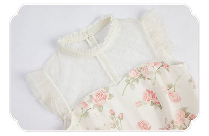 Pink Rosette Print White Illusion Neckline Summer Lolita Dress