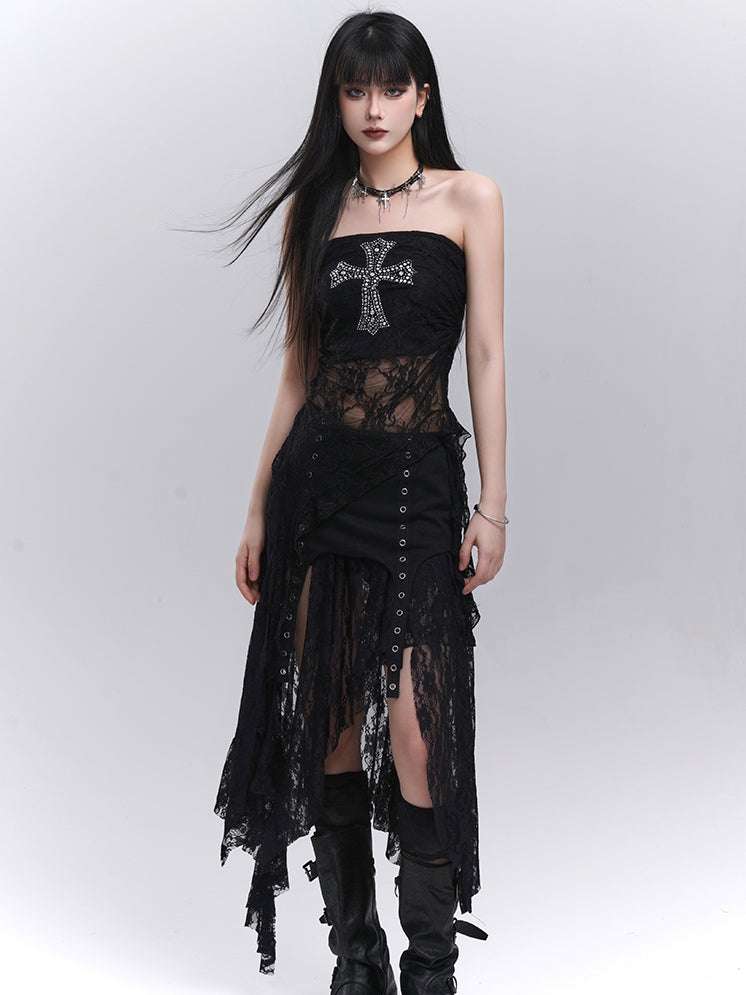 Black Elastic Waist Asymmetrical Hem Side Slit Lace Skirt