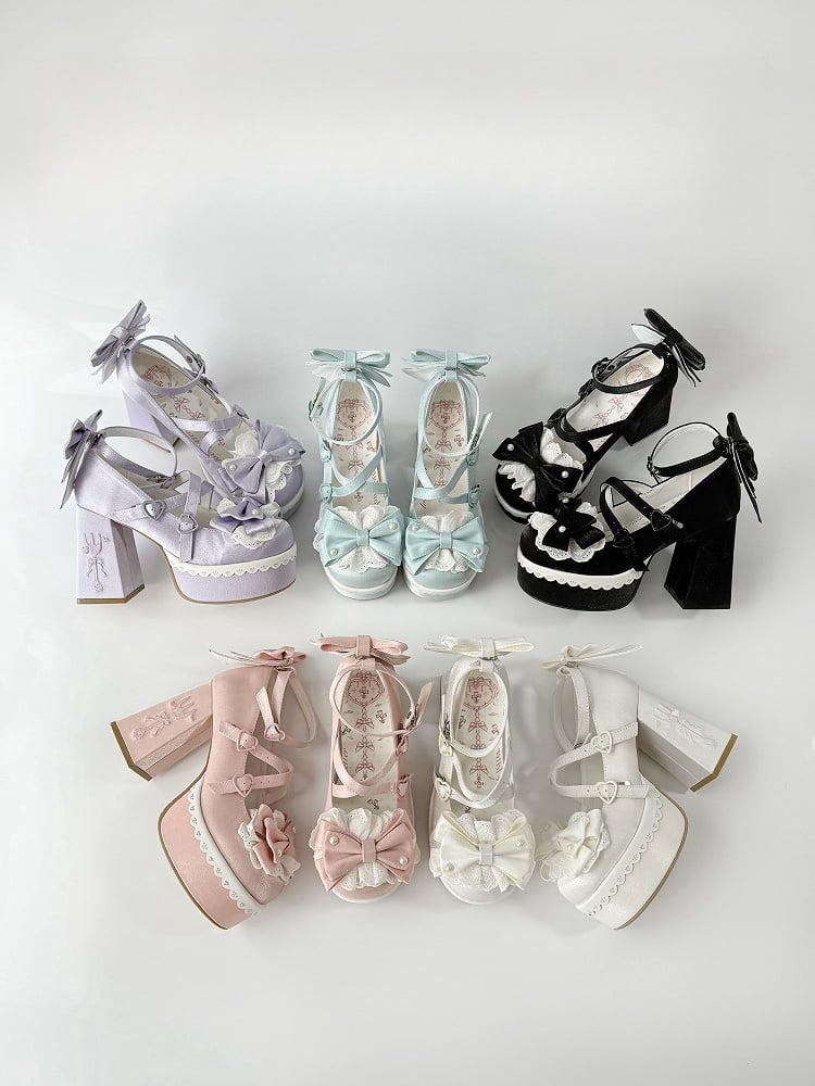 Pink Lolita Lace Bowknot Buckle Straps Fork Embroidery Platform Block High Heels