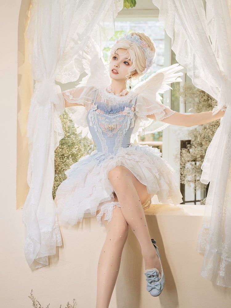 Blue Princess Lolita Floral Embroidery Corset Dress Lolita JSK Full Set