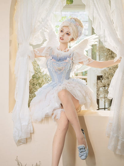 Blue Princess Lolita Floral Embroidery Corset Dress Lolita JSK Full Set
