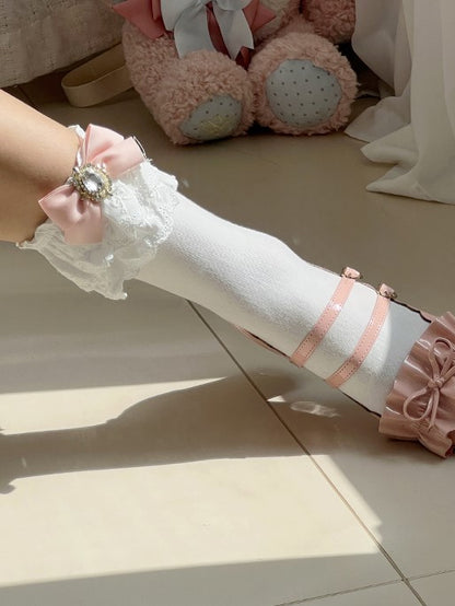 White Ruffled Cuff Jirai Kei Calf Socks With Pink/Blue/Purple/White/Black/Beige Bowknot Details