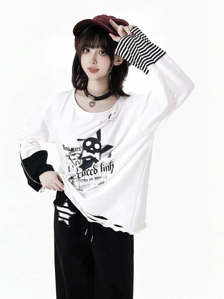 Rock Print White Long Sleeve Top with Distressed Holes and Zipper Cuffs