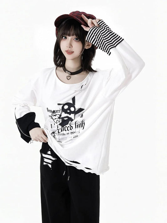 Rock Print White Long Sleeve Top with Distressed Holes and Zipper Cuffs