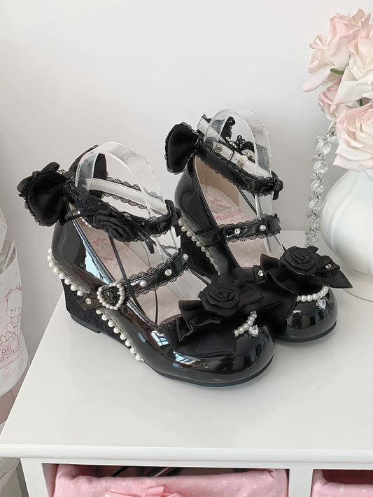 Detachable Rose Details, Beads Decor & Bow Accents PU Black Wedge Mary Janes in Sweet Lolita