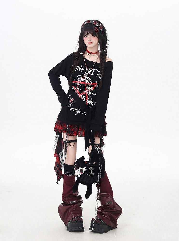 Black Asymmetrical Neckline Star Graffiti Print Loose Top