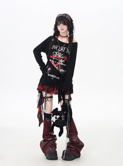 Black Asymmetrical Neckline Star Graffiti Print Loose Top