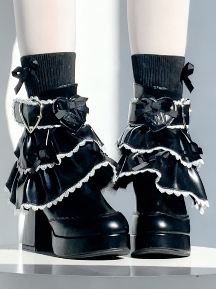 Bow Accents, Stretchy Sock Top Design & Detachable Tiered Ruffles PU Black High Block Heel Boots in Sweet Lolita