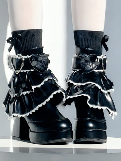 Bow Accents, Stretchy Sock Top Design & Detachable Tiered Ruffles PU Black High Block Heel Boots in Sweet Lolita