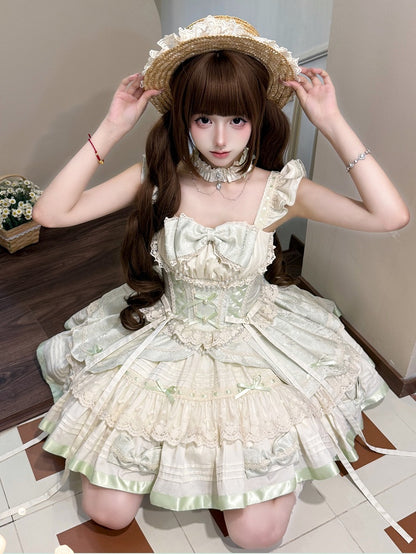 Bowknots and Beads Decoration Mint Green Flutter Sleeves Balletcore Sweet Lolita Jumper Skirt