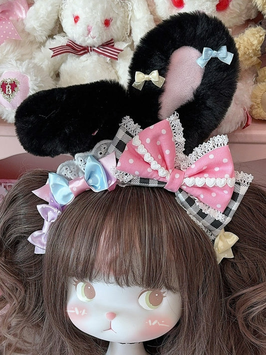 Black/Blue&Pink Polka-dot And Plaid Pattern Bowknot Details Thicken Version Plush Large Size Bunny Ear KC