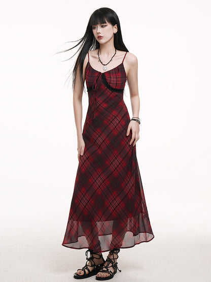 Red & Black Plaid V-neck Self-tie Strap Neckline Cami Dress