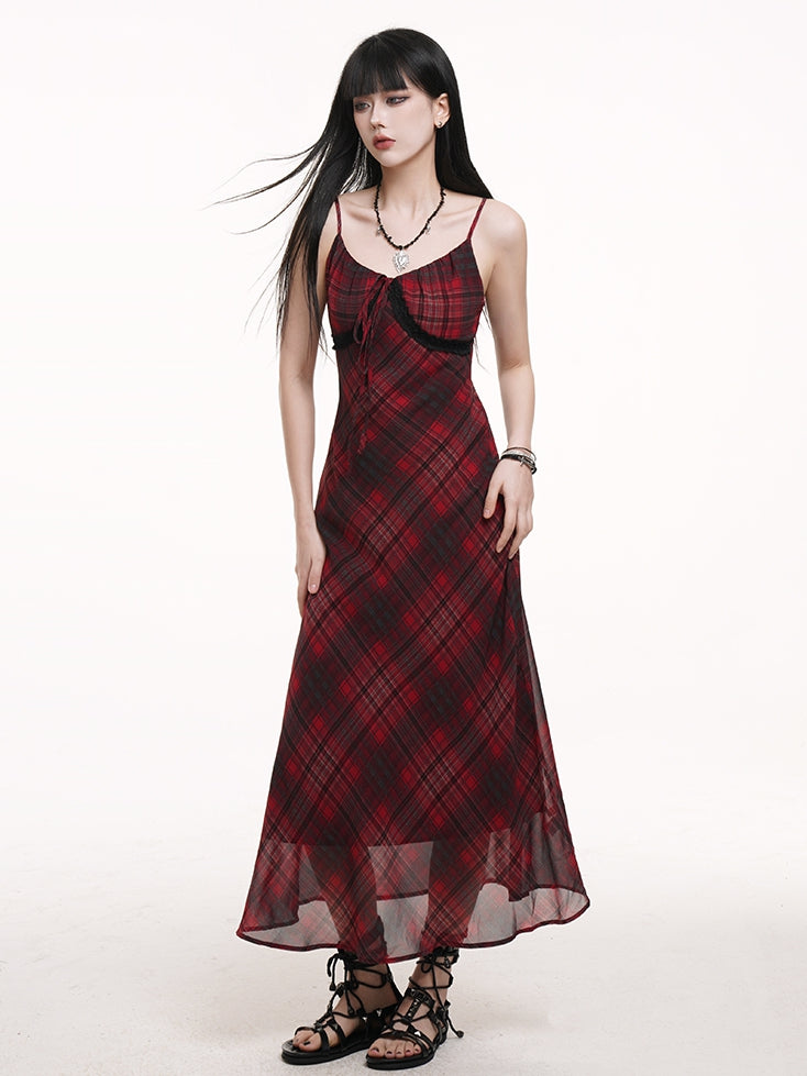 Red & Black Plaid V-neck Self-tie Strap Neckline Cami Dress