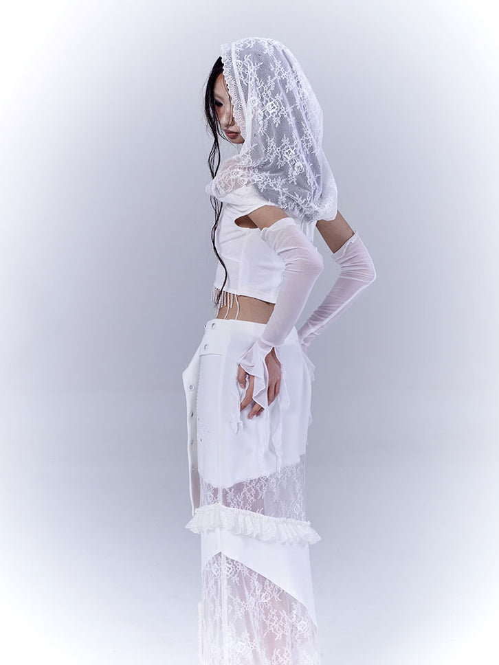 White Cutout Shoulder Beaded Tassel Hem Punk Cropped Top with Lace Hood