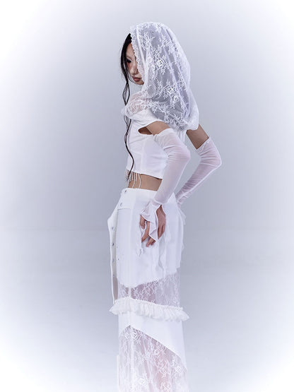 White Cutout Shoulder Beaded Tassel Hem Punk Cropped Top with Lace Hood