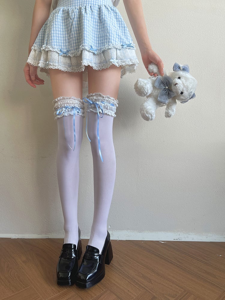 Blue/White Bowknot Details Lace Trim Overknee Stockings